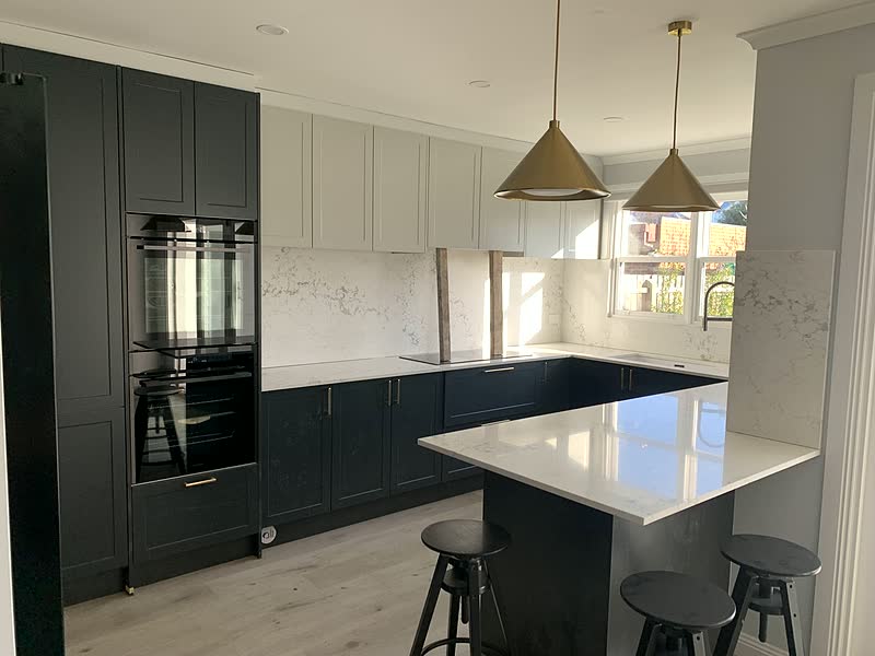 Navy Kitchen, Brass Pendants — renovation by TIJ Australia